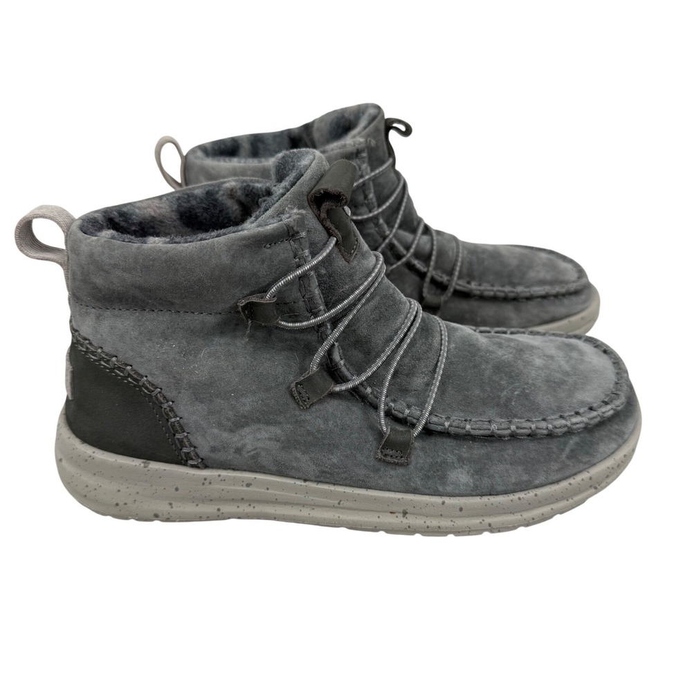 Hey Dude Britt Grey Faux‎ Fur Lined Ankle Boots Womens Slip On Moc Toe Shoes 7